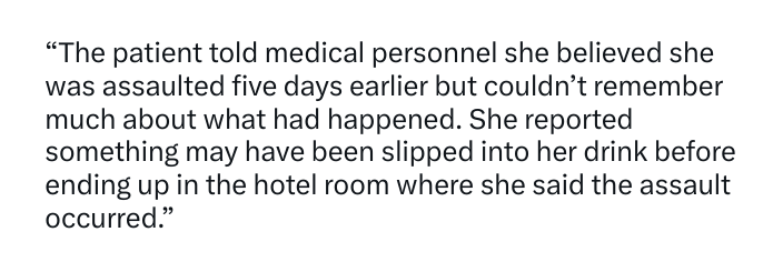 johnastoehr's tweet photo. 14. The incident was reported “by a nurse who called [police] after a patient requested a sexual assault exam,” according to the AP. https://t.co/UABh7tawBX