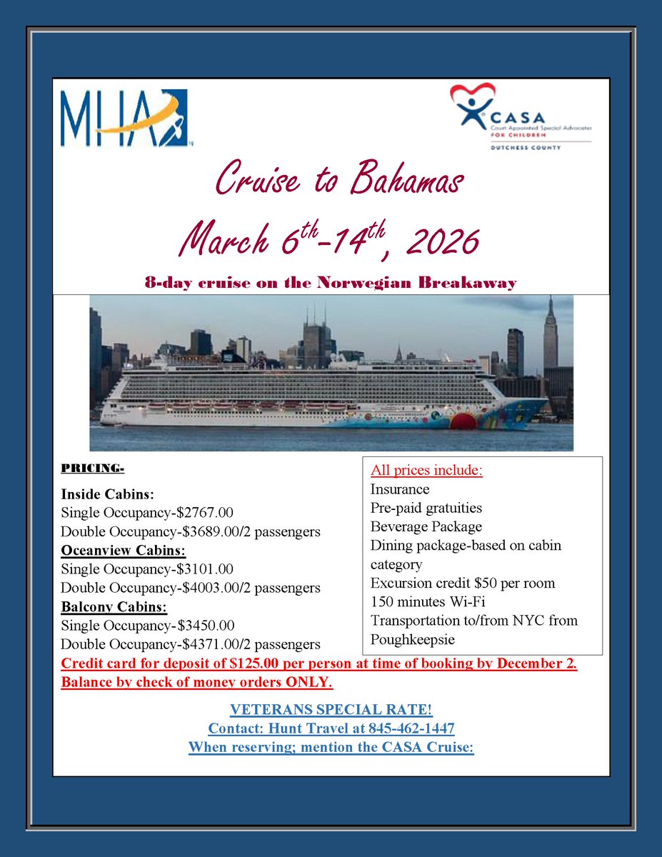 Support CASA children in Dutchess County while enjoying a luxury 8-day cruise on the Norwegian Breakaway March 6th-14th, 2026. Contact: Hunt Travel at 845-462-1447 and mention the CASA Cruise. #ChangeAChildsStory