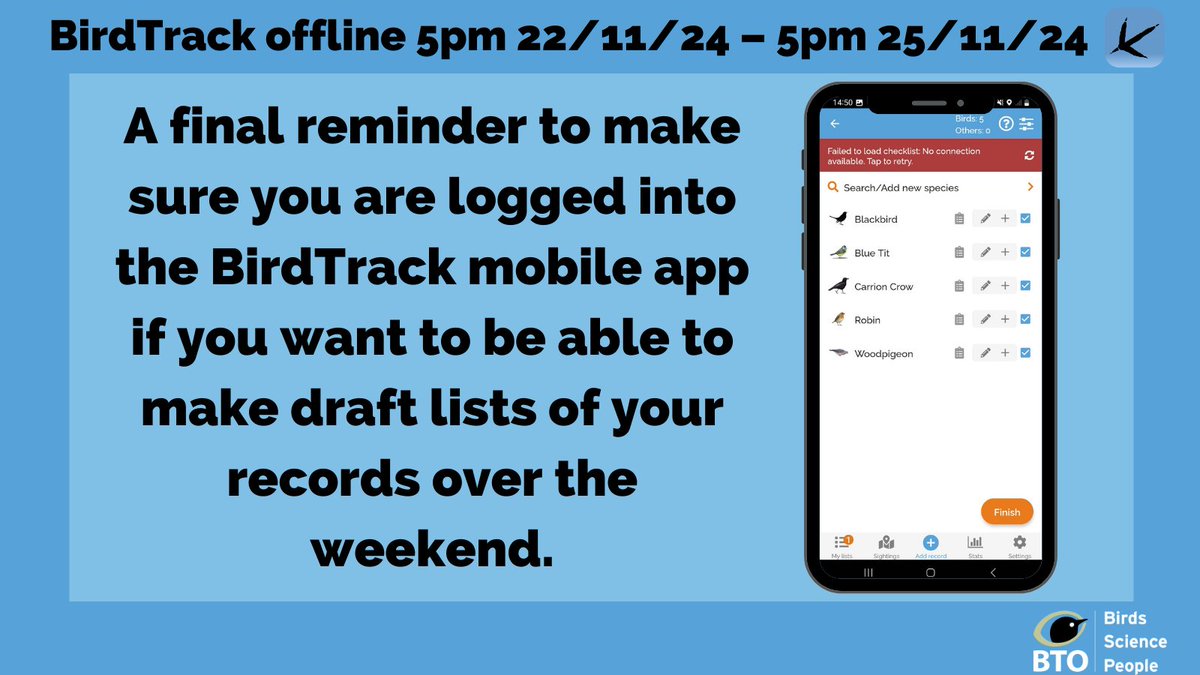 If you want to be able to make draft lists in the #BirdTrack mobile app, while the the system is offline this weekend, make sure you are logged in before 5pm and stay logged in. Then you can upload your drafts on Monday evening when things are back up and running.