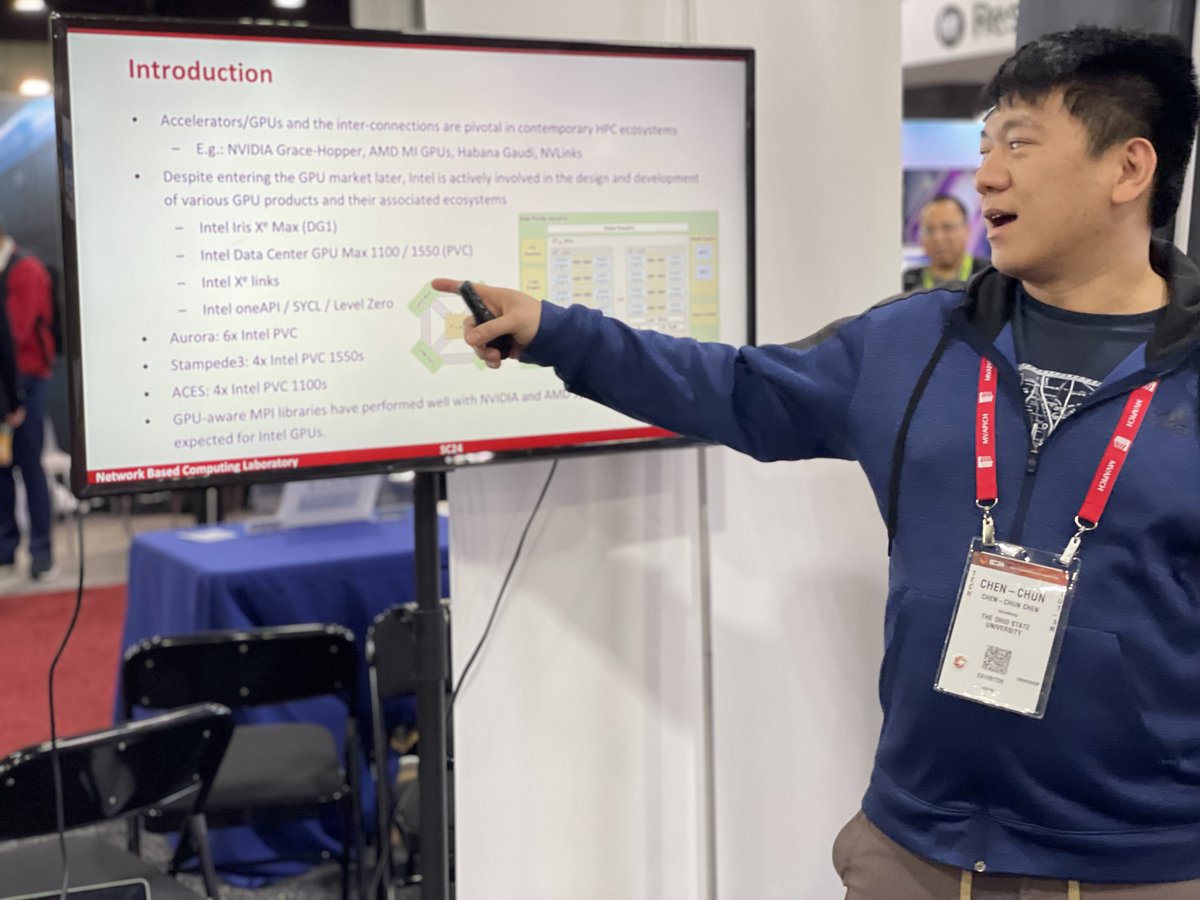 mvapich's tweet image. Today, we shout out Chen-Chun Chen of the @mvapich team for his novel designs for MVAPICH on Intel GPUs, Goutham Kuncham for his work on pre-trained models for efficient algorithm selection, and Nick Contini for his novel work on FPGAS+MPI!

#mpi #gpu #sc24 #ai #fpga #mvapich