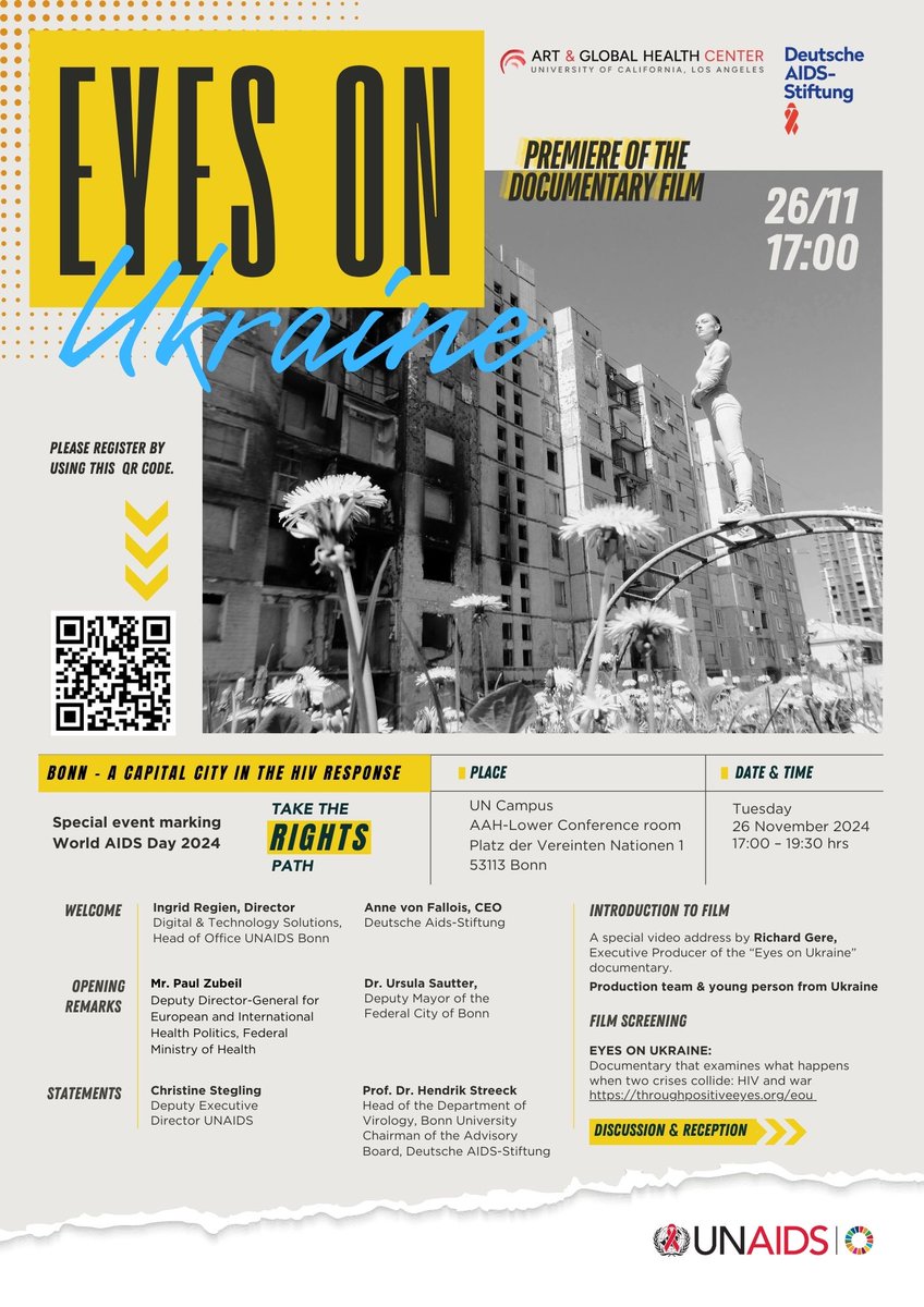 <a href="/UNAIDS/">UNAIDS Global</a> &amp; Deutsche-AIDS-Stiftung are
hosting a #WorldAIDSDay2024 event: 
🇺🇳 Campus Bonn, 26 November 2024
📖 Launching a new report 'Take the Rights Path'  rightspath.unaids.org
🎞️Screening 'Eyes on #Ukraine', a compelling documentary by Richard Gere and <a href="/UCLAAGHC/">Art Glbl Health Cntr</a> on 
HIV, war