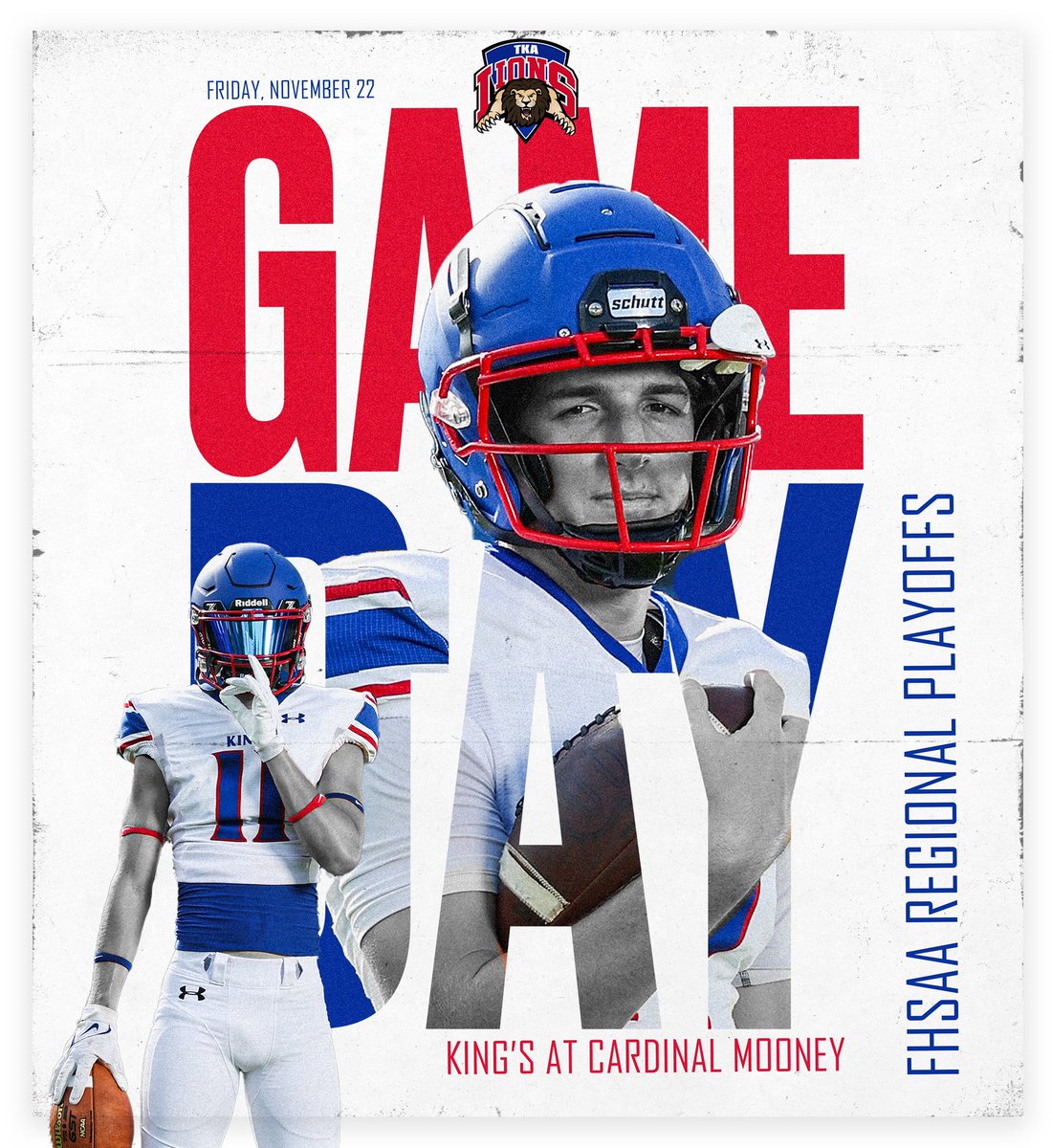 The King’s Academy Athletic Dept. (@tkalions) on Twitter photo The Lions head to Sarasota tonight to take on #2 Cardinal Mooney in the the regional semifinals. Kick off will be at 7:30 pm and we will have live updates from the game on our social platforms. #tkafootball 🏈
<a href="/TKAWPB/">The King's Academy</a> <a href="/pbphighschools/">Post on High Schools</a> <a href="/ESPNWestPalm/">ESPN WEST PALM (106.3 FM)</a> <a href="/EraPrep/">New Era Prep</a> <a href="/FlaHSFootball/">FloridaHSFootball.com</a> The Lions head to Sarasota tonight to take on #2 Cardinal Mooney in the the regional semifinals. Kick off will be at 7:30 pm and we will have live updates from the game on our social platforms. #tkafootball 🏈
<a href="/TKAWPB/">The King's Academy</a> <a href="/pbphighschools/">Post on High Schools</a> <a href="/ESPNWestPalm/">ESPN WEST PALM (106.3 FM)</a> <a href="/EraPrep/">New Era Prep</a> <a href="/FlaHSFootball/">FloridaHSFootball.com</a>