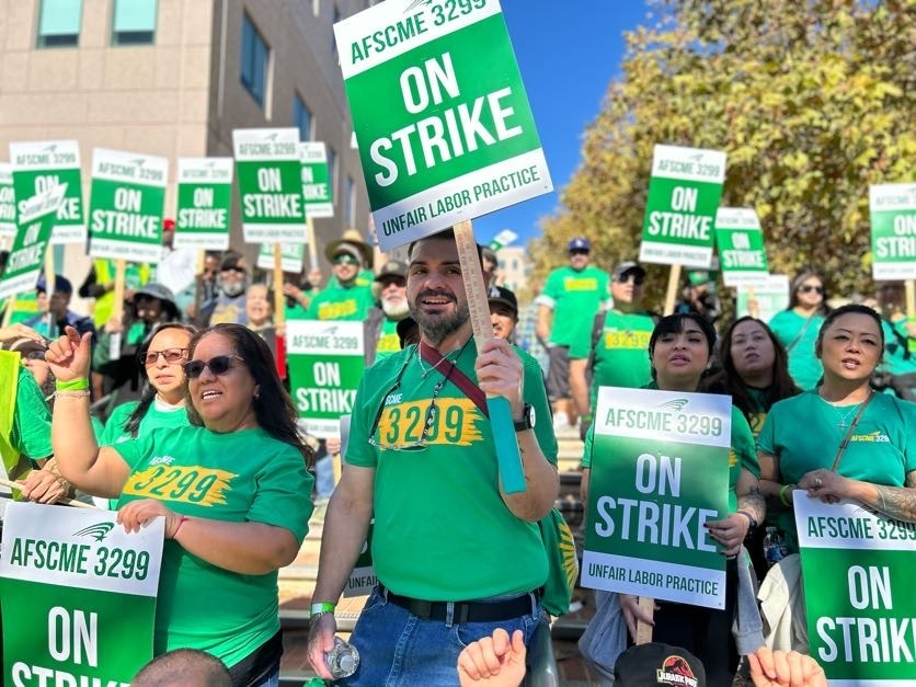 AFSCME's tweet photo. They STRUCK, they rallied, they made noise! 🚨 Over 37,000 UC patient care workers at 10 campuses and 5 medical centers walked out for two days, demanding dignity and respect. The strike’s over, but the call for justice echoes loud! https://t.co/Yk0tH1dXAw