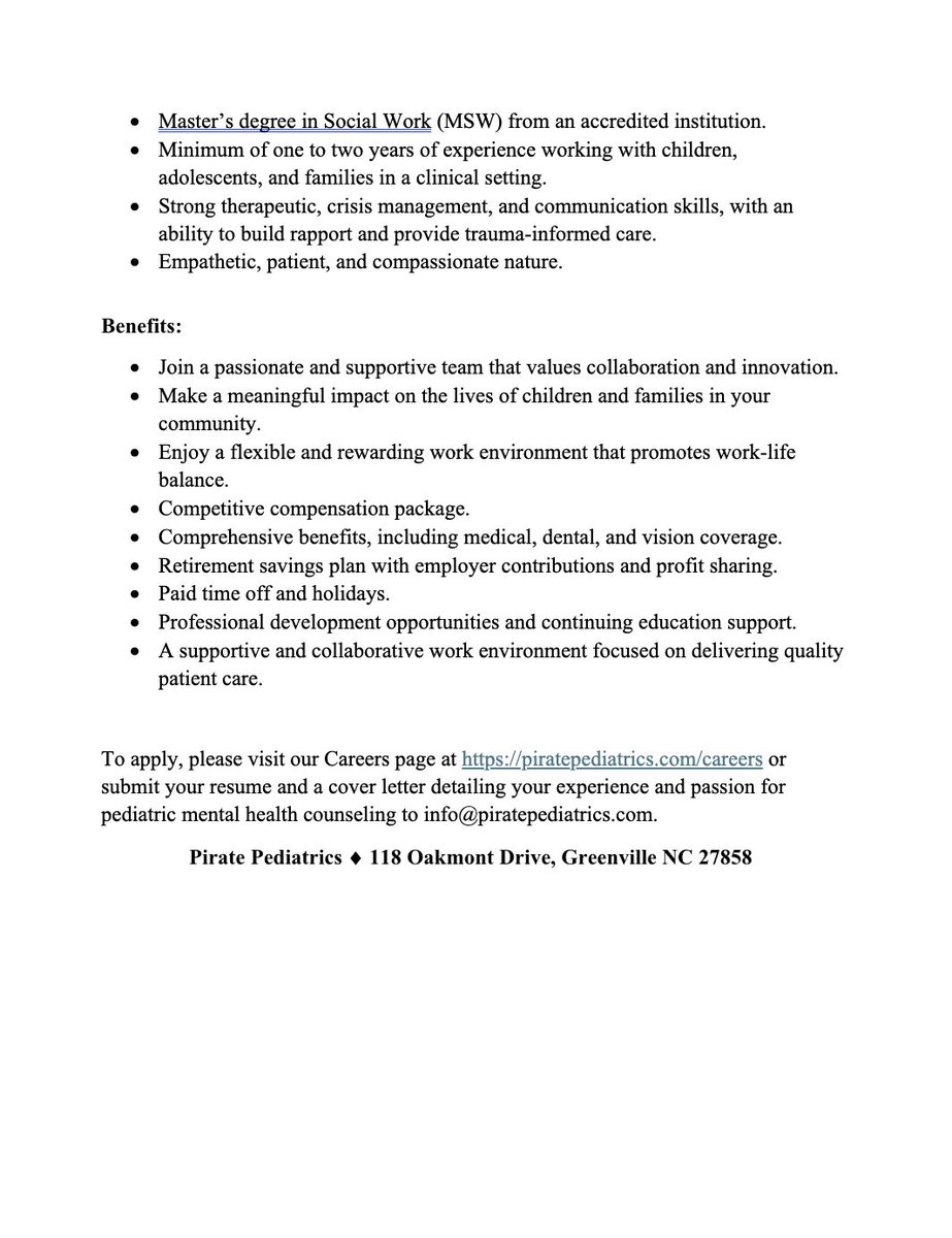 Job Alert! Licensed Clinical Social Worker at Pirate Pediatrics, Greenville, NC.