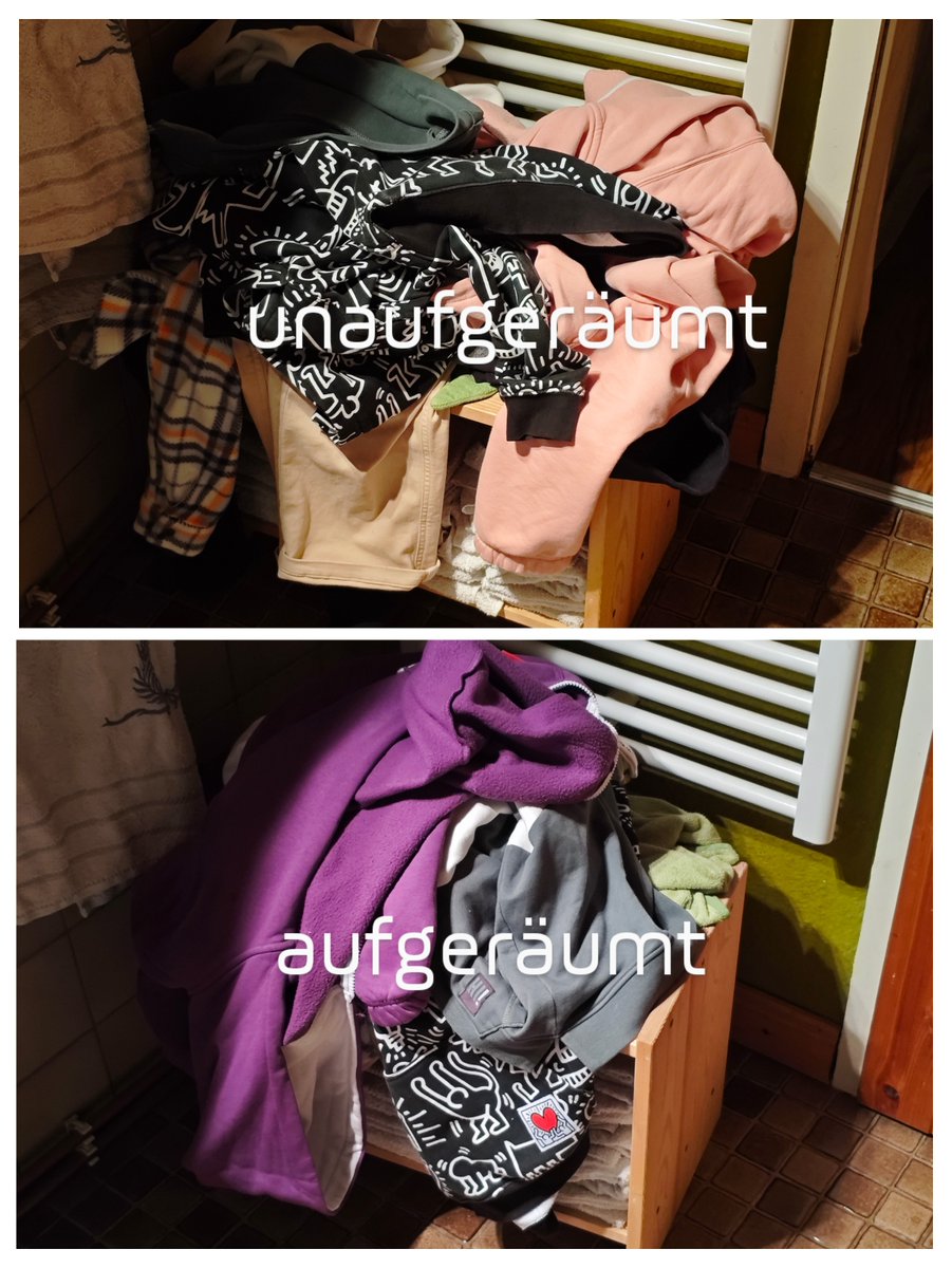 Leben mit Kindern (Teil 5376)

Ich: Räume bitte deinen Wäschehaufen auf! 
K: Joo, mache ich...

Einen Tag später:
Ich: Ich hatte dich gebeten, den Wäschehaufen aufzuräumen! 
K: Habe ich doch schon gemacht!

🫣😬