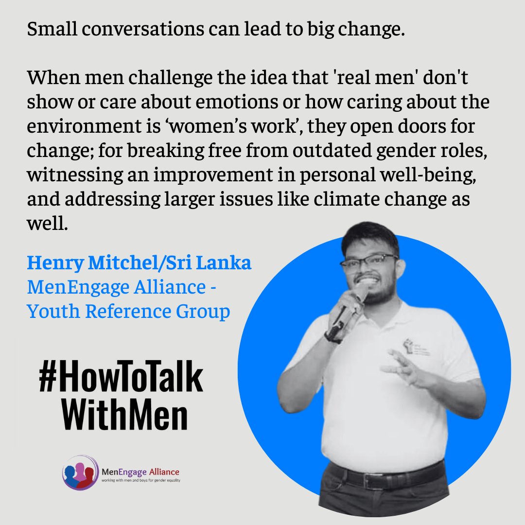 MenEngage's tweet photo. Henry's top tip for #HowToTalkWithMen:

🗣️ Start small. Talk about respect, empathy, and equality—and how breaking outdated roles can improve everyone’s lives.

👉Join us in lifting everyone up. Together, we can reshape norms and create a more inclusive future for all. https://t.co/bN0VUCXQa1
