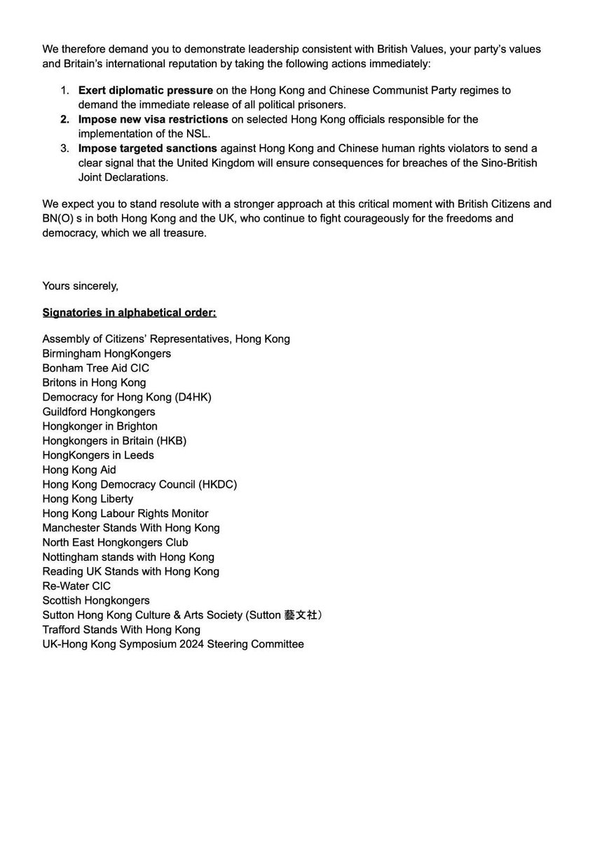 An open letter has been sent earlier today by members of the UK-Hong Kong civil society to <a href="/Keir_Starmer/">Keir Starmer</a> regarding the recent sentencing of Hong Kong 45.

As PM, leader of Labour Party and a human rights lawyer, his lack of actions have disappointed us all in the UK.