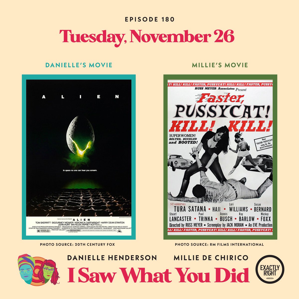 Your final homework assignment is here. Watch ALIEN  (1979) and FASTER PUSSYCAT! KILL! KILL! (1965), then tune in on Tuesday to  join us in celebrating the end of this beautiful little podcast.
