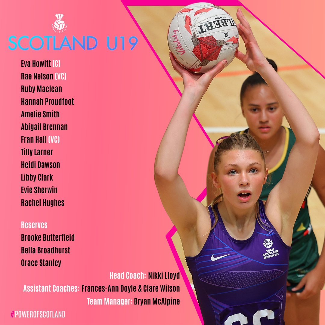 SQUAD'S UP 💜🏴󠁧󠁢󠁳󠁣󠁴󠁿

📰 Head coach Nikki Lloyd has named her squad for the U19 Europe Netball Netball event at Oriam on the weekend of the 14th &amp; 15th of December.

Congratulations to all the players named! 🤩

#PowerOfScotland