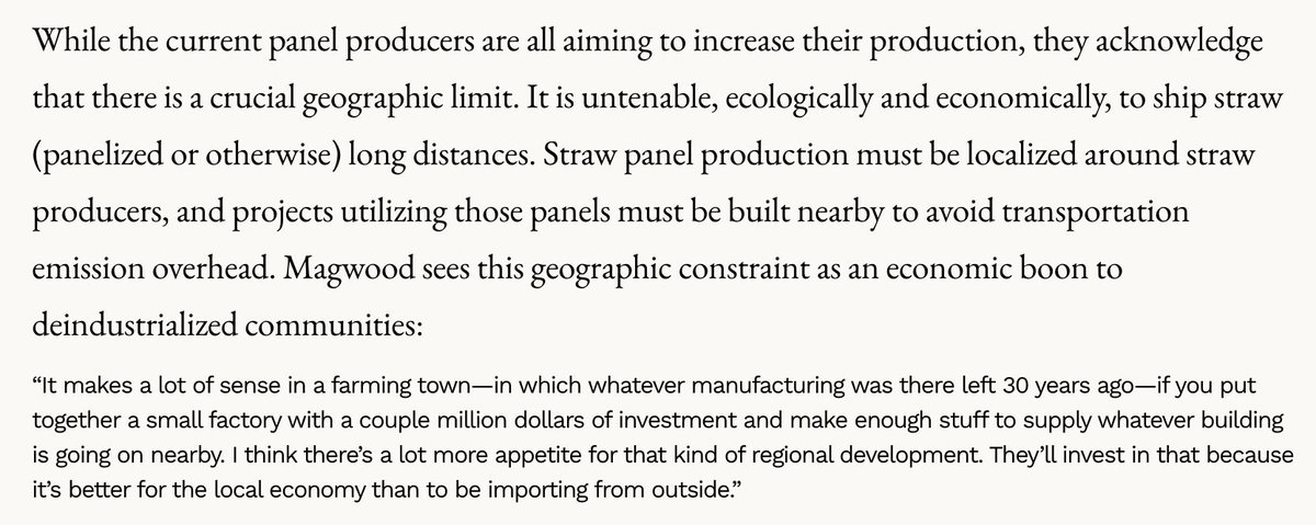 Following <a href="/BurchertMichael/">Michael Burchert</a> I've become totally convinced that building with straw is the future. Carbon-sequestering, compostable, locally-sourced, passivhaus-performing, etc. Anyone want to start a straw-SIP company in NC? <a href="/jasoncoxnc/">Jason</a>