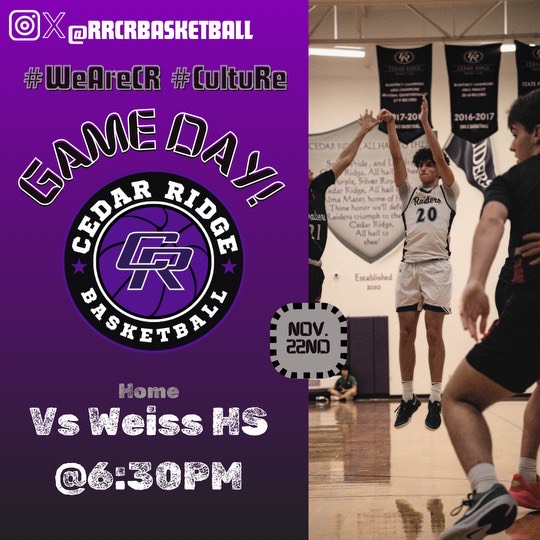 Cedar Ridge Raider Basketball (@rrcrbasketball) on Twitter photo 🏀Game Day🏀
🆚Weiss
📍<a href="/CedarRidgeHigh/">CRHS</a>
⏰6:30pm (Varsity Only)
Come out and support your #Raiders tonight!
<a href="/RoundRockISD/">Round Rock ISD</a> <a href="/AlamoCityHoops1/">Alamo City Hoops</a> <a href="/var_austin/">VAR</a> <a href="/statesman/">Austin Statesman</a> <a href="/Tabchoops/">𝙏𝘼𝘽𝘾🏀📋</a> 🏀Game Day🏀
🆚Weiss
📍<a href="/CedarRidgeHigh/">CRHS</a>
⏰6:30pm (Varsity Only)
Come out and support your #Raiders tonight!
<a href="/RoundRockISD/">Round Rock ISD</a> <a href="/AlamoCityHoops1/">Alamo City Hoops</a> <a href="/var_austin/">VAR</a> <a href="/statesman/">Austin Statesman</a> <a href="/Tabchoops/">𝙏𝘼𝘽𝘾🏀📋</a>
