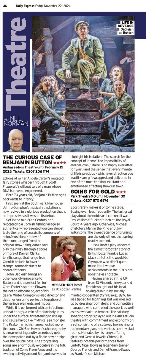 NJStreitberger's tweet image. Friday Friday Friday!!! Here's this week's theatre column which looks at #TheCuriousCaseOfBenajminButton at Ambassadors Theatre and #GoingForGold @ParkTheatre.