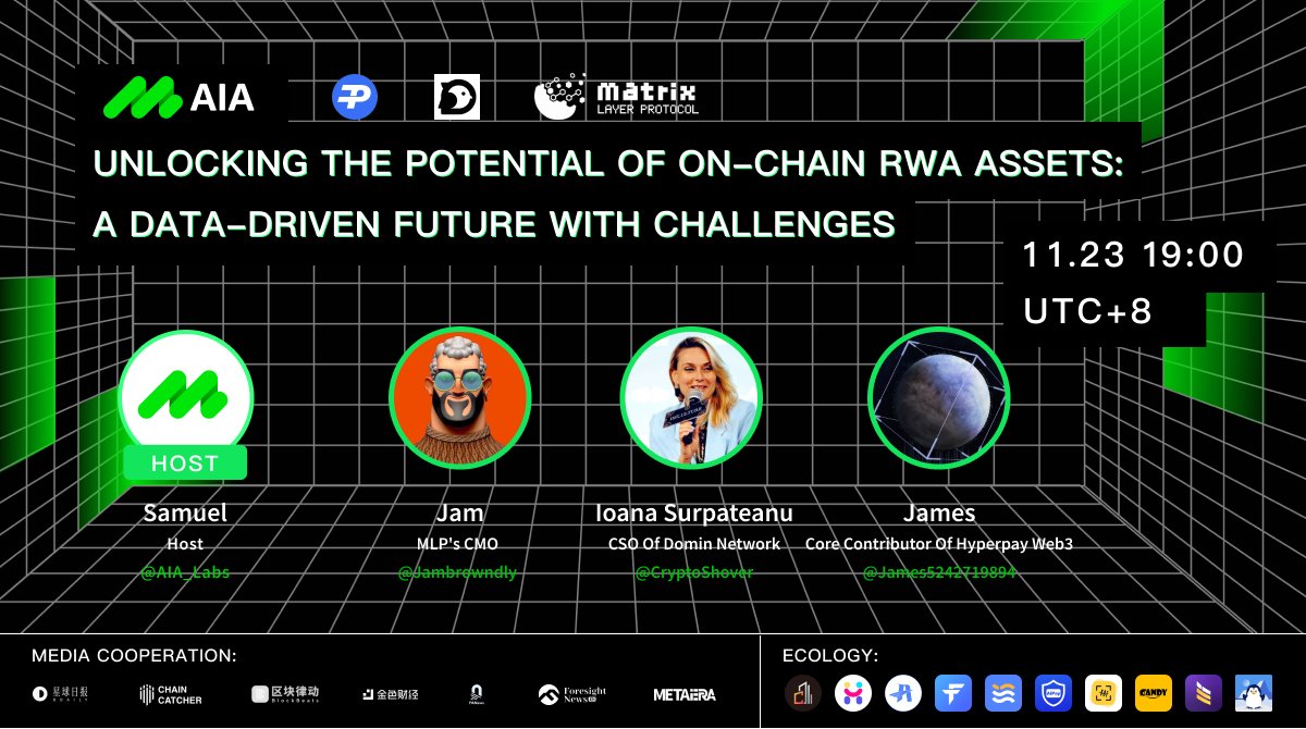 🎙️ Join us this Saturdays, Nov 23, at 19:00 UTC+8 for an exclusive Twitter Space:
"Unlocking the Potential of On-Chain #RWA  Assets: A Data-Driven Future with Challenges"

🌟 Host: Samuel (@AIA_Labs)

🌟 Guests:

Jam (@jambrowndly), CMO of MLP
Ioana Surpateanu (<a href="/CryptoShover/">Ioana Surpateanu</a> ),