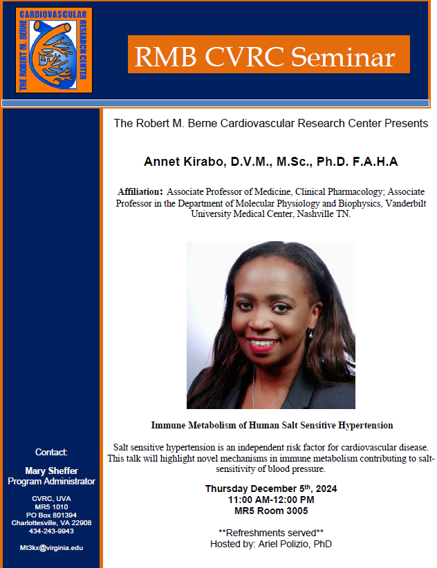 UVACVRC's tweet photo. Upcoming CVRC Seminar featuring Dr. Annet Kirabo on December 5, 2024 https://t.co/jCexyPJTIw