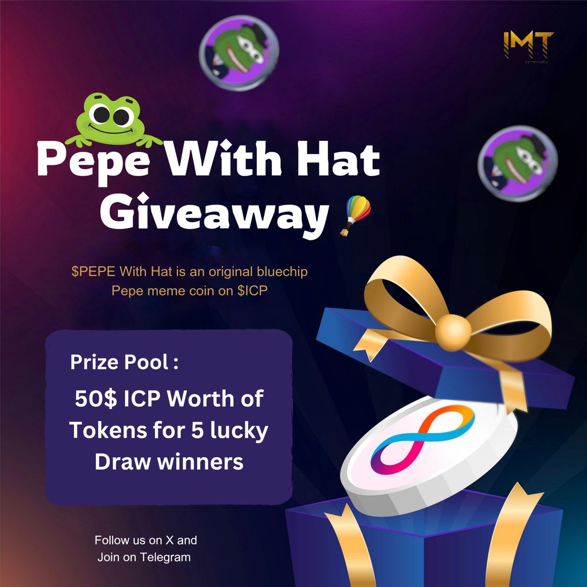ICP MINT TODAY ∞ (@icpminttoday) on Twitter photo To Celebrate The Collab With giveaway to Our Community👥
50$ ICP to 5 Winners🏆🎉
To win :
🐸Follow : <a href="/ICPMintToday/">ICP MINT TODAY ∞</a> & <a href="/PepeWithHatSol/">Pepe With Hat</a>
🐸 Join :t.me/+CmFrPHTKybAxO…
🐸Like & RT
🐸Drop your PID
⏳48hrs
#ICP #NFTGiveaway #GIVEAWAYS #NFTGiveaways #Airdrop #Giveaway $ICP $PEPE To Celebrate The Collab With giveaway to Our Community👥
50$ ICP to 5 Winners🏆🎉
To win :
🐸Follow : <a href="/ICPMintToday/">ICP MINT TODAY ∞</a> & <a href="/PepeWithHatSol/">Pepe With Hat</a>
🐸 Join :t.me/+CmFrPHTKybAxO…
🐸Like & RT
🐸Drop your PID
⏳48hrs
#ICP #NFTGiveaway #GIVEAWAYS #NFTGiveaways #Airdrop #Giveaway $ICP $PEPE