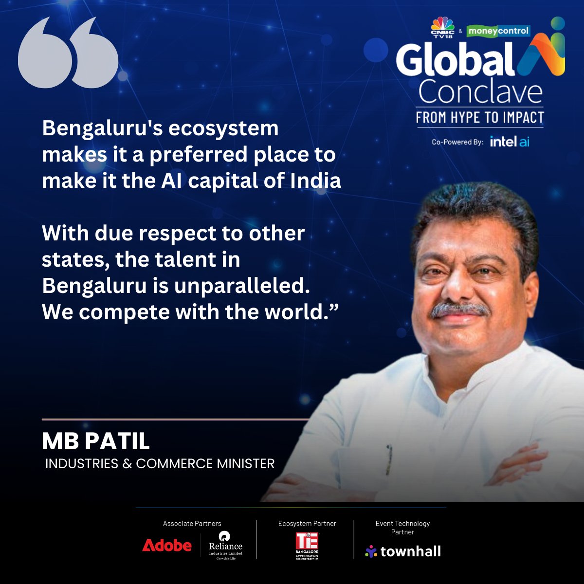 #GlobalAIConclave | With due respect to other states, the talent in Bengaluru is unparalleled. We compete with the world.” says <a href="/MBPatil/">M B Patil</a>, Minister for Commerce &amp; Industries, Infrastructure.

🔴 Track #LIVE updates on👇
moneycontrol.com/news/business/…

#ArtificialIntelligence |