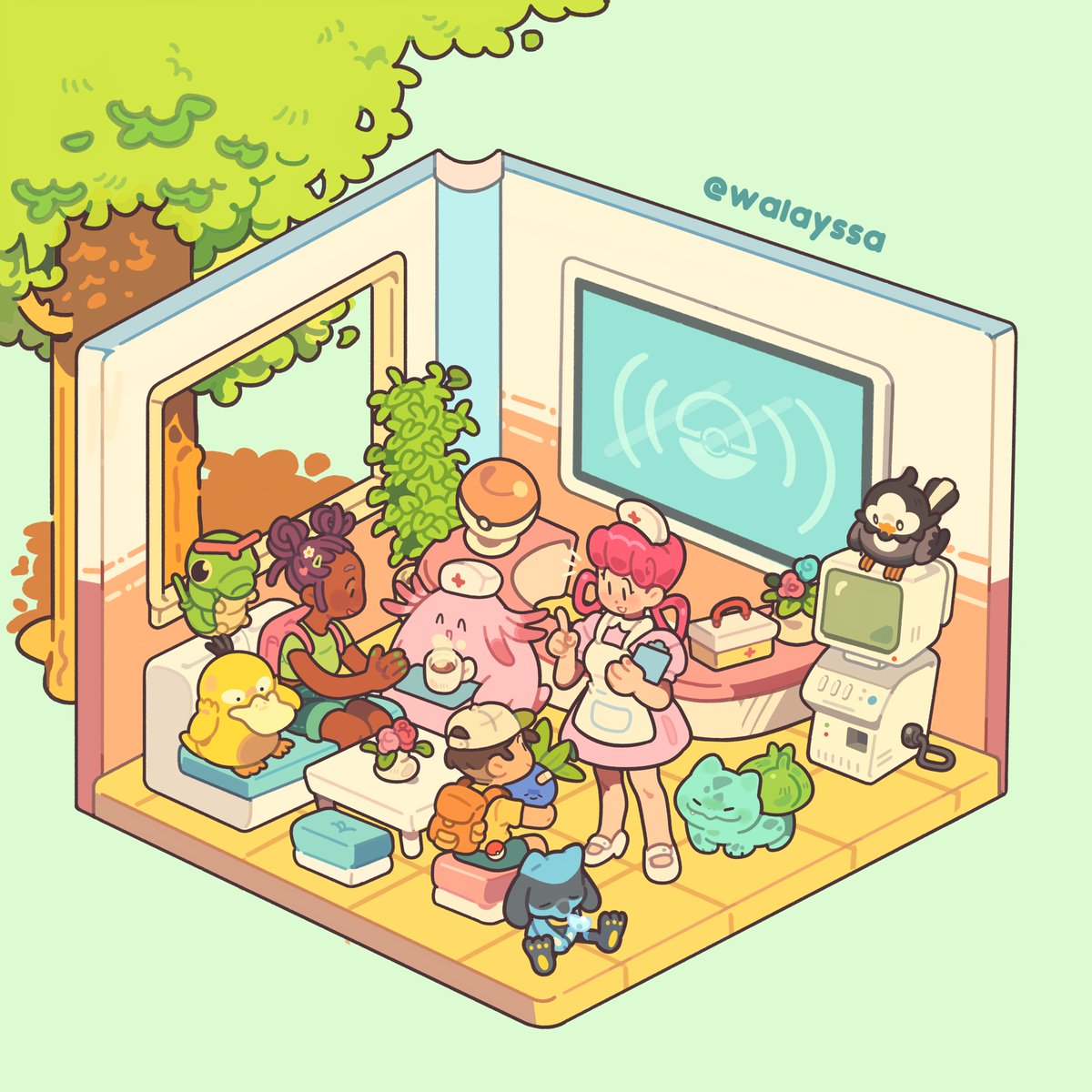 walayssa's tweet image. just another day at the Pokemon center 🩹📦🌡️🌷