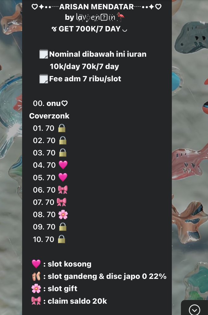 arlavenrin's tweet photo. Get 700k/7 day avail 5 slot lagi iuran 70k/7 day 10k/day, masih adaa slot free saldo &amp; free gift yaa🩷
Detail : 
https://t.co/1DXznajxWJ

#zonauang #arisan https://t.co/hj3vKXkWLp