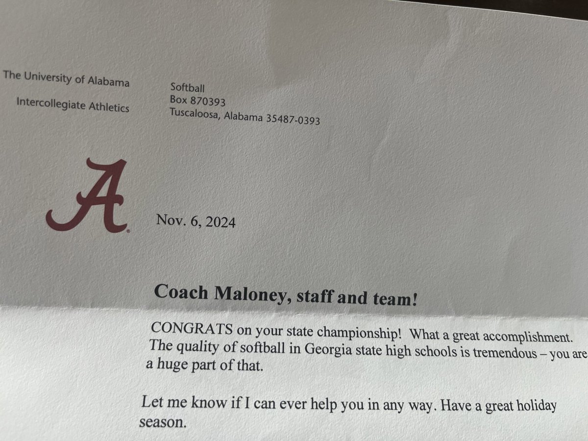 Jennifer Maloney (@coachjmaloney) on Twitter photo Thank you to <a href="/UACoachMurphy/">Patrick Murphy</a> and <a href="/AlabamaSB/">Alabama Softball</a> for sending a letter to the <a href="/CreekviewSB/">Creekview Softball</a> coaches and players to congratulate them on their state championship! Thank you to <a href="/UACoachMurphy/">Patrick Murphy</a> and <a href="/AlabamaSB/">Alabama Softball</a> for sending a letter to the <a href="/CreekviewSB/">Creekview Softball</a> coaches and players to congratulate them on their state championship!