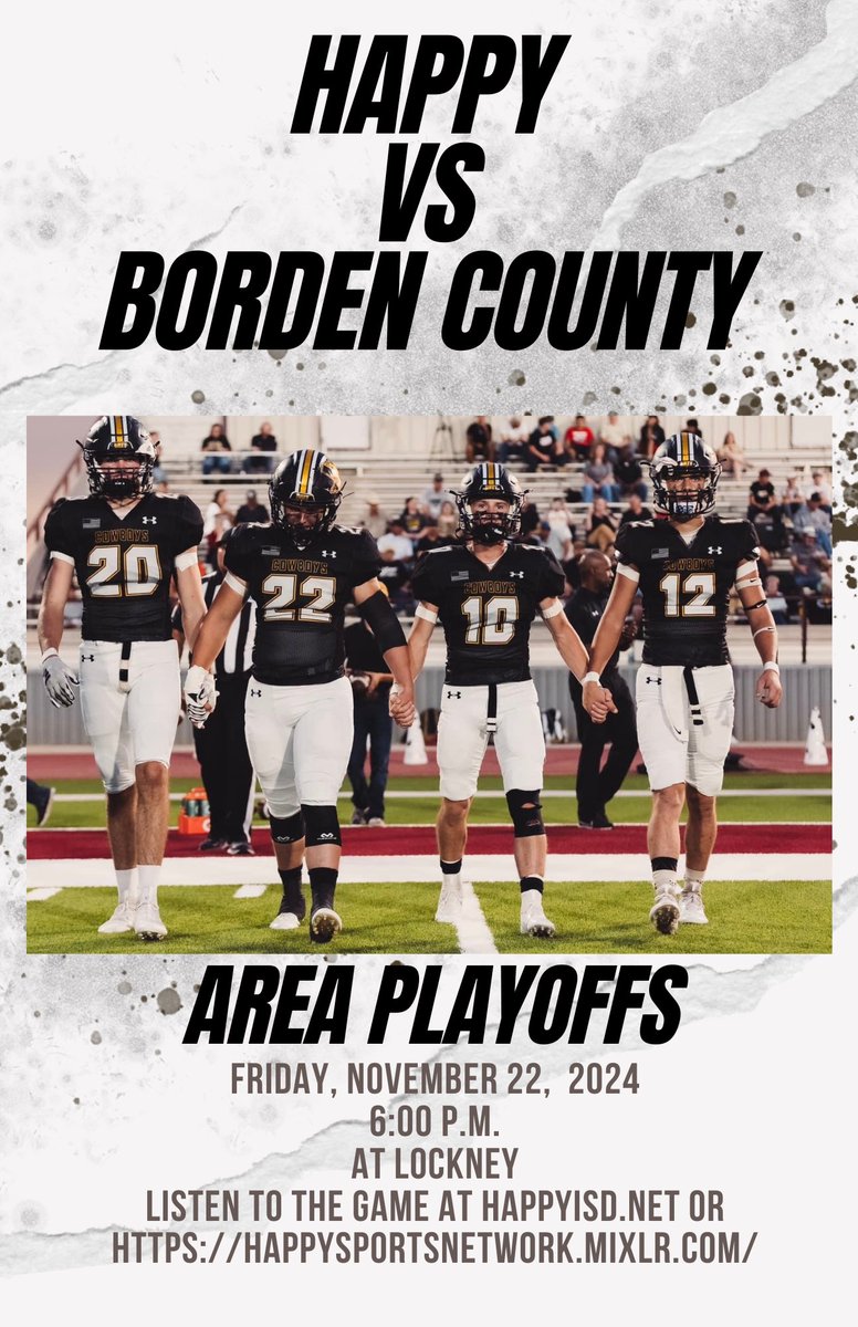 Happy Sports Network (@happysportsnet) on Twitter photo Area round playoffs tonight as #6 Happy takes on #10 Borden County at Lockney. Kickoff at 6:00p.m. Tune into the action beginning with The <a href="/coach_perryman/">Stacy Perryman</a> Show at 5:45 p.m. on the Happy Sports Network. Go to happyisd.net or happysportsnetwork.mixlr.com Area round playoffs tonight as #6 Happy takes on #10 Borden County at Lockney. Kickoff at 6:00p.m. Tune into the action beginning with The <a href="/coach_perryman/">Stacy Perryman</a> Show at 5:45 p.m. on the Happy Sports Network. Go to happyisd.net or happysportsnetwork.mixlr.com