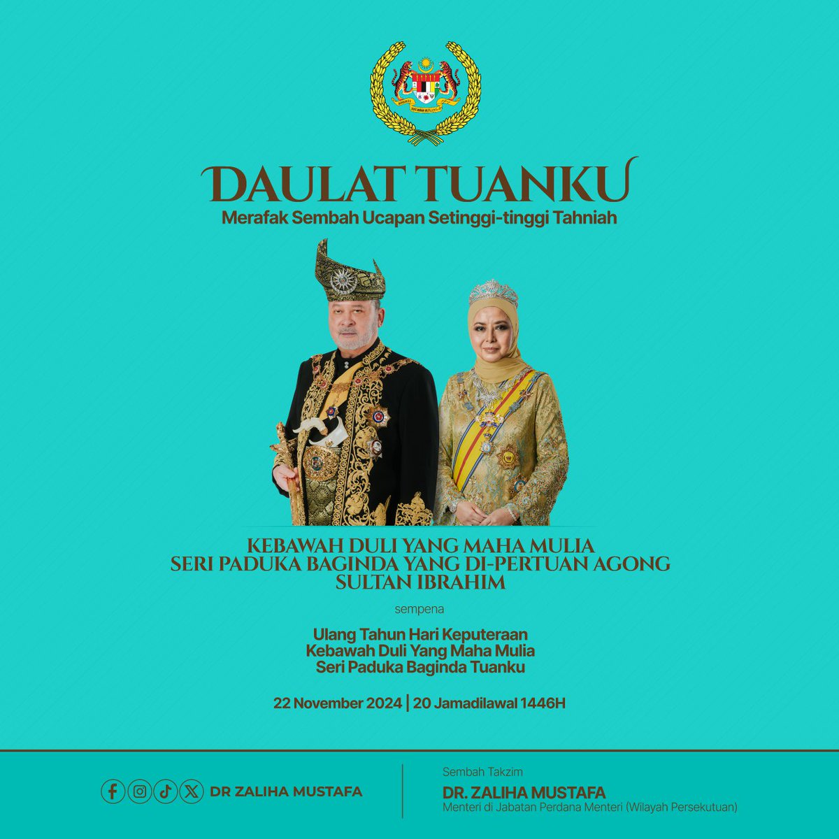 Merafak sembah setinggi-tinggi ucapan tahniah sempena Ulang Tahun Keputeraan Kebawah Duli Yang Maha Mulia Seri Paduka Baginda Yang di-Pertuan Agong Sultan Ibrahim yang ke-66. 

Patik doakan semoga Kebawah Duli Tuanku dikurniakan keafiatan dalam memerintah negara dengan penuh
