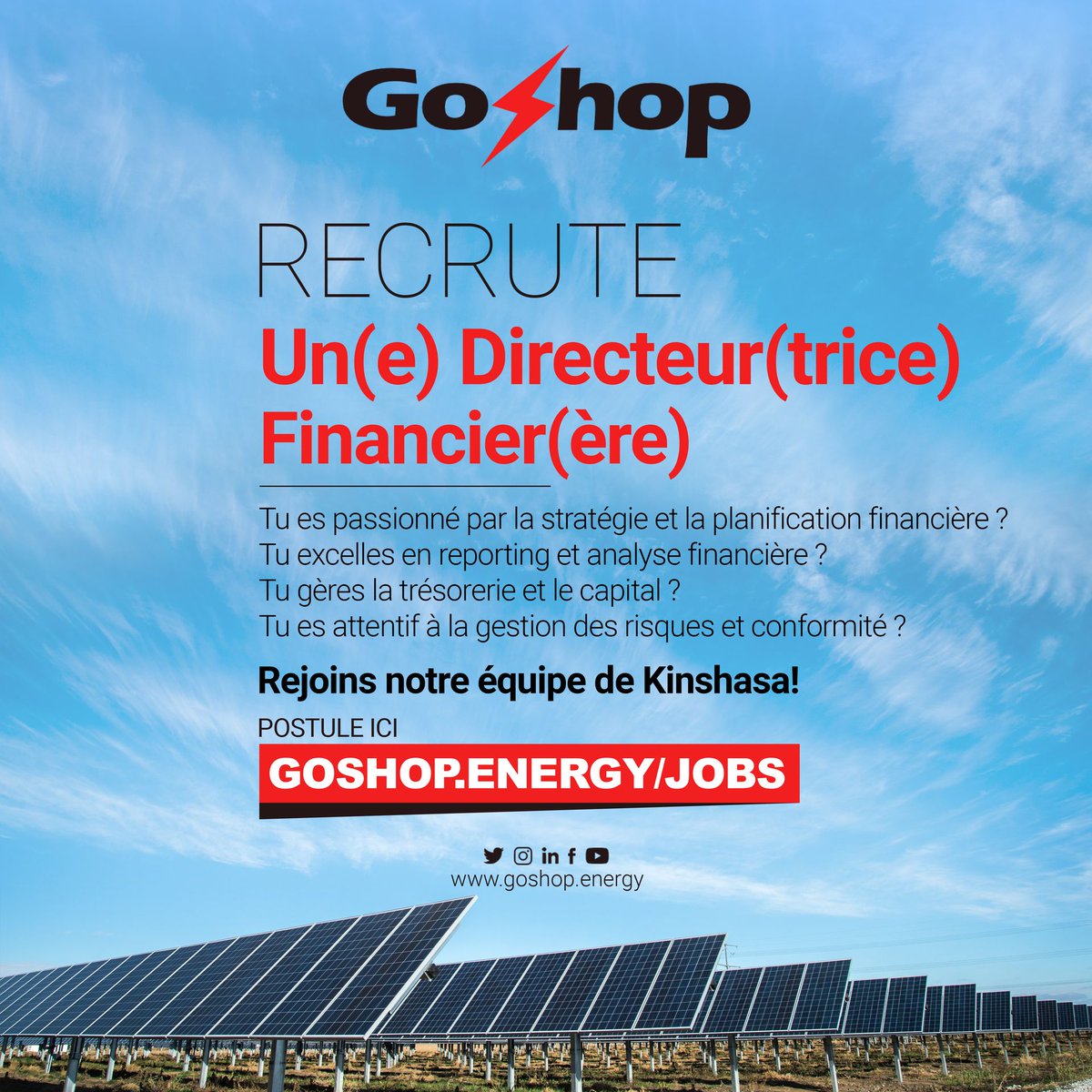 GoShopEnergy's tweet photo. Nous recrutons un(e) Directeur(trice) financier(ère) pour rejoindre notre équipe à Kinshasa.
Postulez via le lien ci-dessous :
⚡️ https://t.co/YZND9hW0lt
#GoShop
#OffreEmploi
#Kinshasa https://t.co/pPtDXAHEol