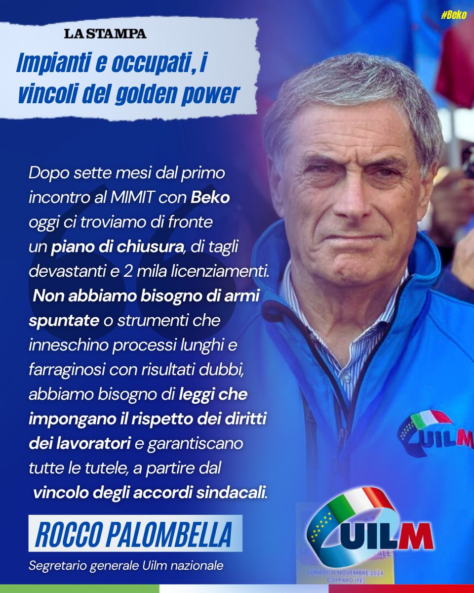 UilmNazionale's tweet image. #CrisiIndustriali #GoldenPower

“Il piano presentato da #Beko è un atto inaccettabile verso le migliaia di lavoratori del Gruppo in Italia che dopo pochi mesi dall’ insediamento della multinazionale turca già sono stati considerati esuberi” così @RoccoPalombella a @LaStampa
