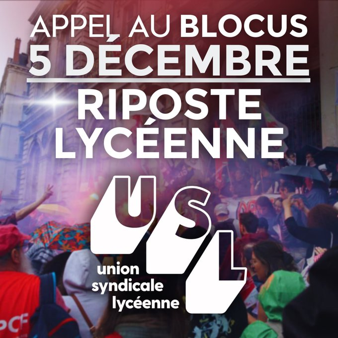 AlertesInfos's tweet photo. 🇫🇷 ALERTE - Un appel au blocus de tous les lycées de France, le 5 décembre prochain, a été lancé. (USL) https://t.co/GLHLgUr37I