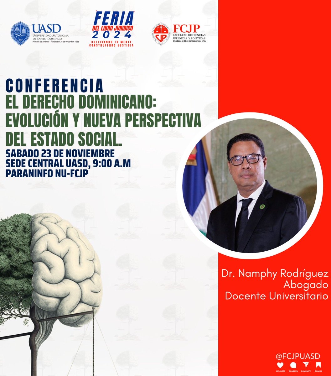 Honrado de volver a mi alma mater a dictar esta conferencia sobre lo que he denominado el Nuevo Derecho Público Dominicano. Nos vemos mañana sábado a las 9:00 a:m en la Feria del Libro Jurídico de la UASD.