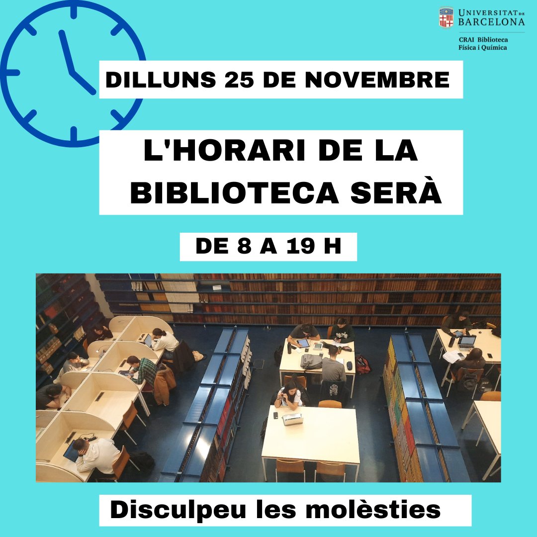 📣 AVÍS IMPORTANT HORARI

➡️ Dilluns 25 de novembre, amb motiu del concert de celebració dels 20 anys del #CRAI 🎉, l'horari de la biblioteca serà:

🕒 De 8 a 19h

Disculpeu les molèsties🙏

📌crai.ub.edu/horaris 

#Horaris #SomCRAI #CRAIUniBarcelona