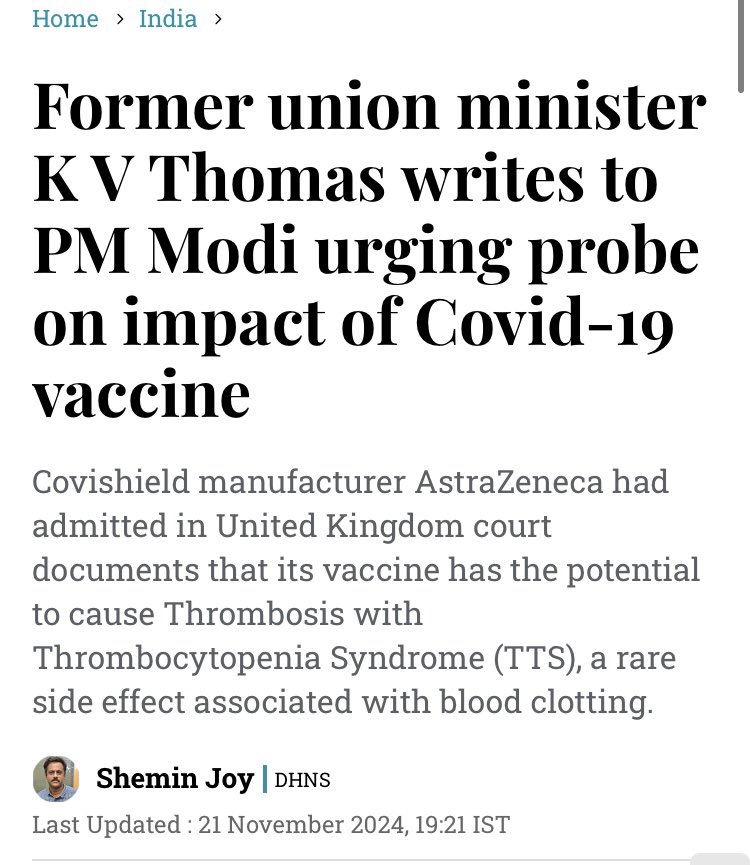 Kerala govt’s Special Representative K V Thomas, writes to <a href="/narendramodi/">Narendra Modi</a> urging probe on impact on covid vaccines. <a href="/shemin_joy/">Shemin</a> should know that kidney issues are caused by vaccine and not some imaginary virus. <a href="/indSupremeCourt/">Supreme Court of India</a> 

deccanherald.com/india/former-u…

deccanherald.com/india/former-u…