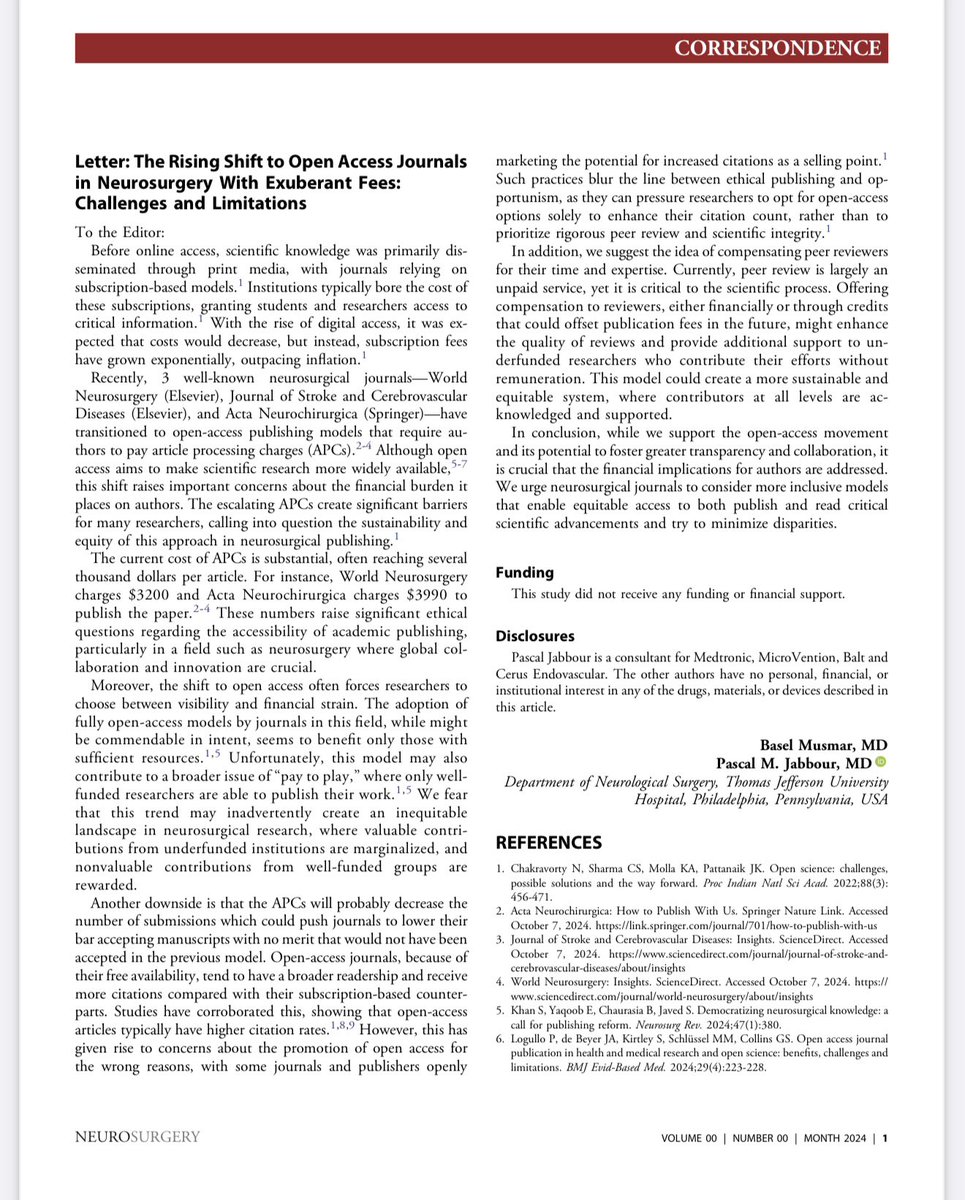 Pascal Jabbour MD, FAANS, FACS, FAHA (@pascaljabbourmd) on Twitter photo Turning Medical Publishing into a lucrative business compromising quality and creating even more disparities with open access and predator journals is not the right thing to do ! Thank you <a href="/NeurosurgeryCNS/">Neurosurgery Publications</a> for publishing our concerns <a href="/MusmarBasel/">Basel Musmar</a> <a href="/TJUHNeurosurg/">Jefferson Neurosurgery</a> Turning Medical Publishing into a lucrative business compromising quality and creating even more disparities with open access and predator journals is not the right thing to do ! Thank you <a href="/NeurosurgeryCNS/">Neurosurgery Publications</a> for publishing our concerns <a href="/MusmarBasel/">Basel Musmar</a> <a href="/TJUHNeurosurg/">Jefferson Neurosurgery</a>