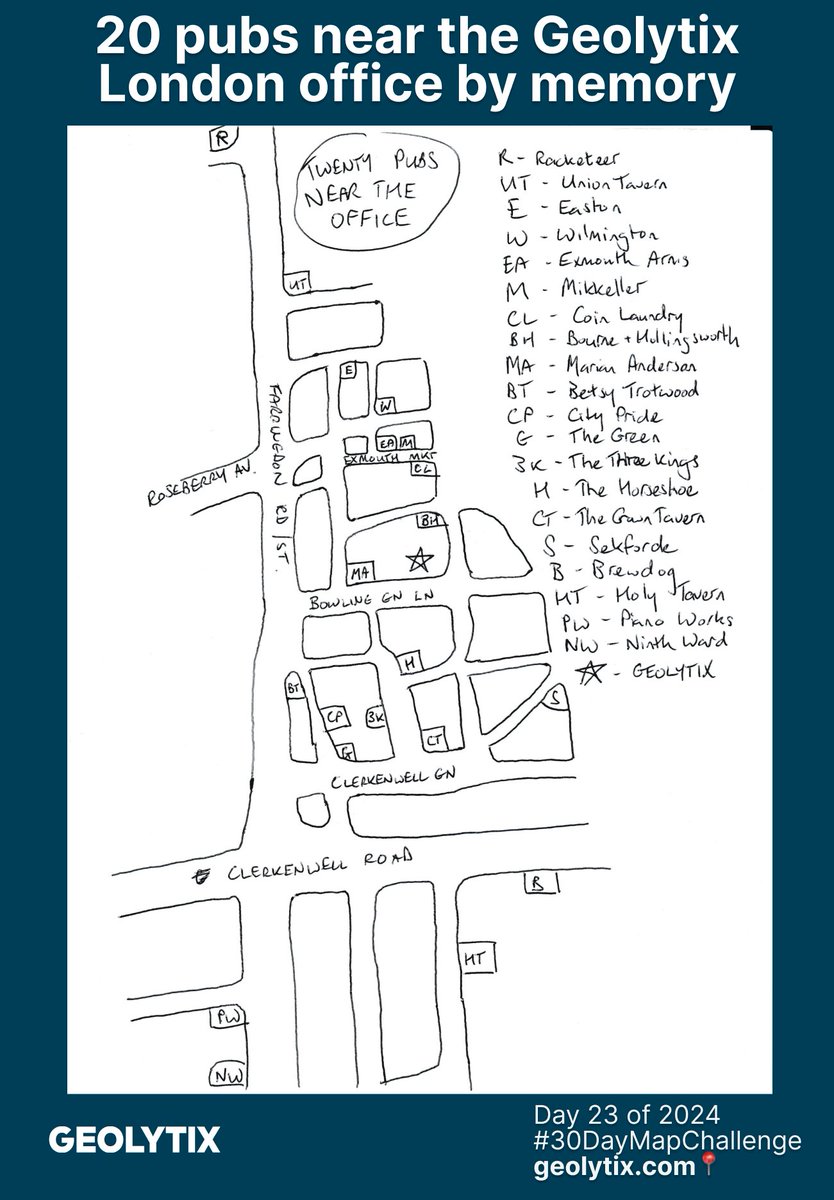 🗺#30daymapchallenge🌎
Day 23: Memory 

Hand drawn map of 20 pubs around our London office by Simon's memory.
Plenty of choice!

We are very impressed by how accurate this is, and maybe a little worried 😉

#London #pubs #Office
