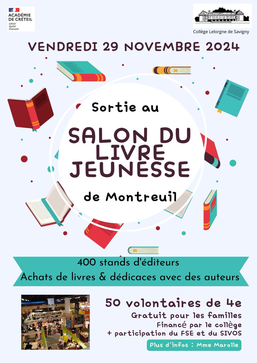 savigny_info's tweet photo. Sortie au Salon du Livre Jeunesse de Montreuil le vendredi 29 novembre pour 50 volontaires de 4e-3e https://t.co/YLA6tt4Wwi
