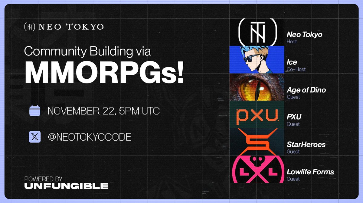 Join us today at 12 PM EST for our NT x Unfungible Spaces, our weekly Gaming X Space where we’ll dive into all things Web3 gaming!

In today’s session, we’ll be discussing ‘Community Building via MMORPGs’ with <a href="/ice_nfts/">Ice</a>, Space Program Lead at Unfungible, along with <a href="/ageofdino/">Age of Dino</a>,