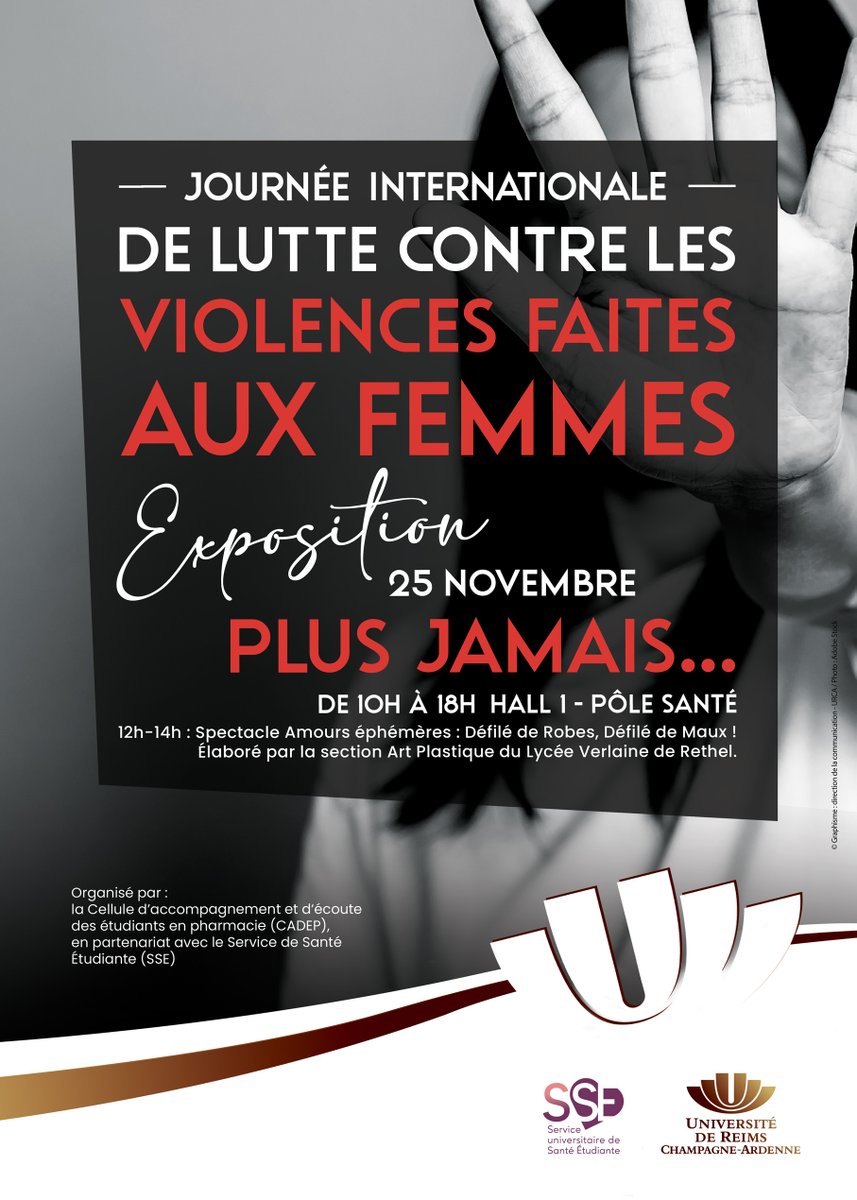 A l'occasion de la journée internationale de lutte contre les #violences faites aux #femmes, l'#URCA accueillera l'exposition « Plus jamais » 

Retrouvez de 12h à 14h, les représentations du spectacle "Amours éphémères : Défilé de Robes, Défilé de Maux" conçu par la section