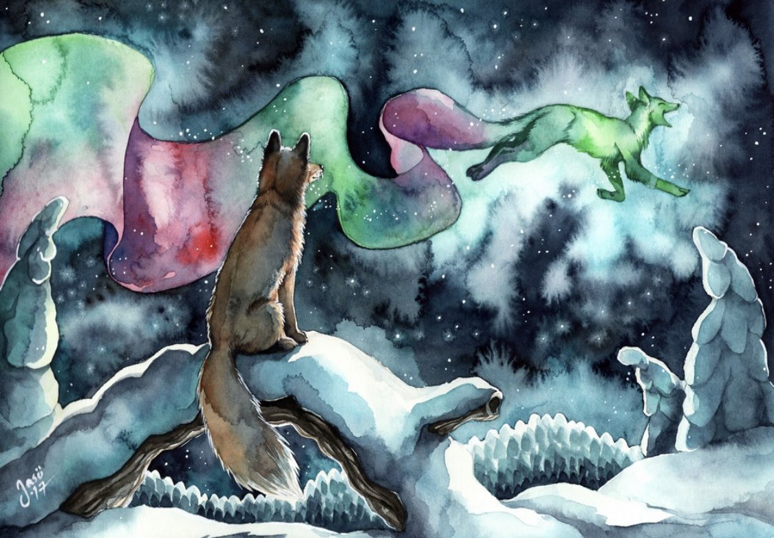 According to Finnish folklore, the northern lights are caused by the Firefox, an elusive creature with a sparkling tail. The Finnish word for the aurora borealis is 'revontulet', which means 'fox fires'.

🎨Jasmine Hintsala