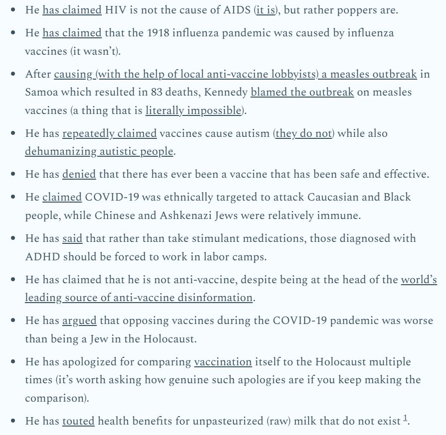 Deonandan (@deonandan) on Twitter photo A sample of some of the incorrect and very dangerous things RFK Jr has said and done.
by <a href="/ENirenberg/">Edward Nirenberg ๐บ๐ฆ</a> A sample of some of the incorrect and very dangerous things RFK Jr has said and done.
by <a href="/ENirenberg/">Edward Nirenberg ๐บ๐ฆ</a>