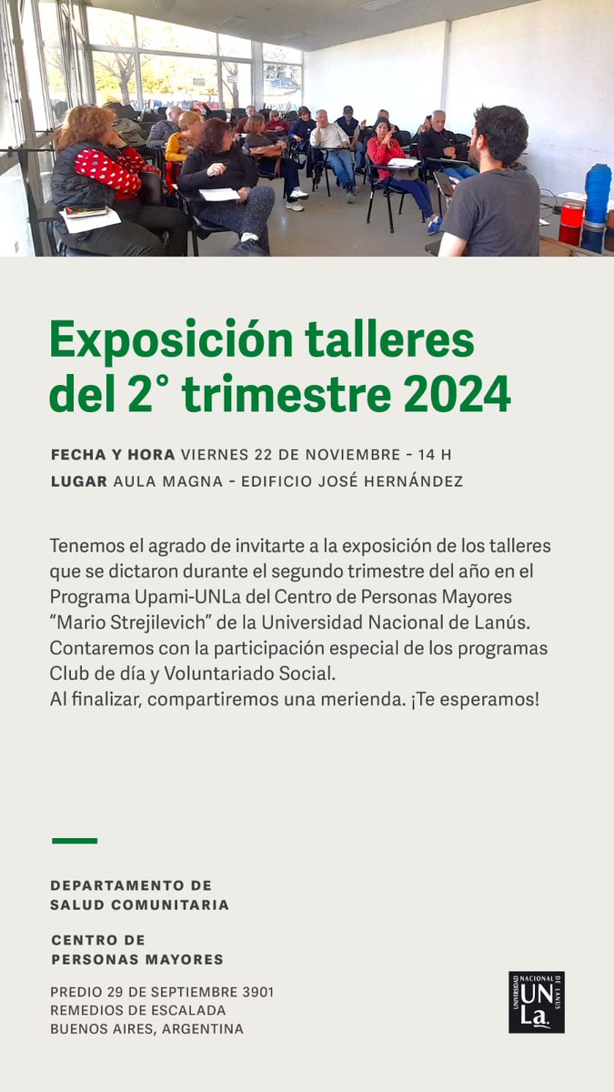 Hoy a las 14hs en el Aula Magna de la <a href="/UNLaOficial/">Universidad de Lanús</a> se realiza la exposición de los talleres del programa Upami-UNla del Centro de Personas Mayores "Mario Strejilevich" de la universidad. #AHORA conversamos con Melina Guray, coordinadora del programa.
📻 radio.unla.edu.ar