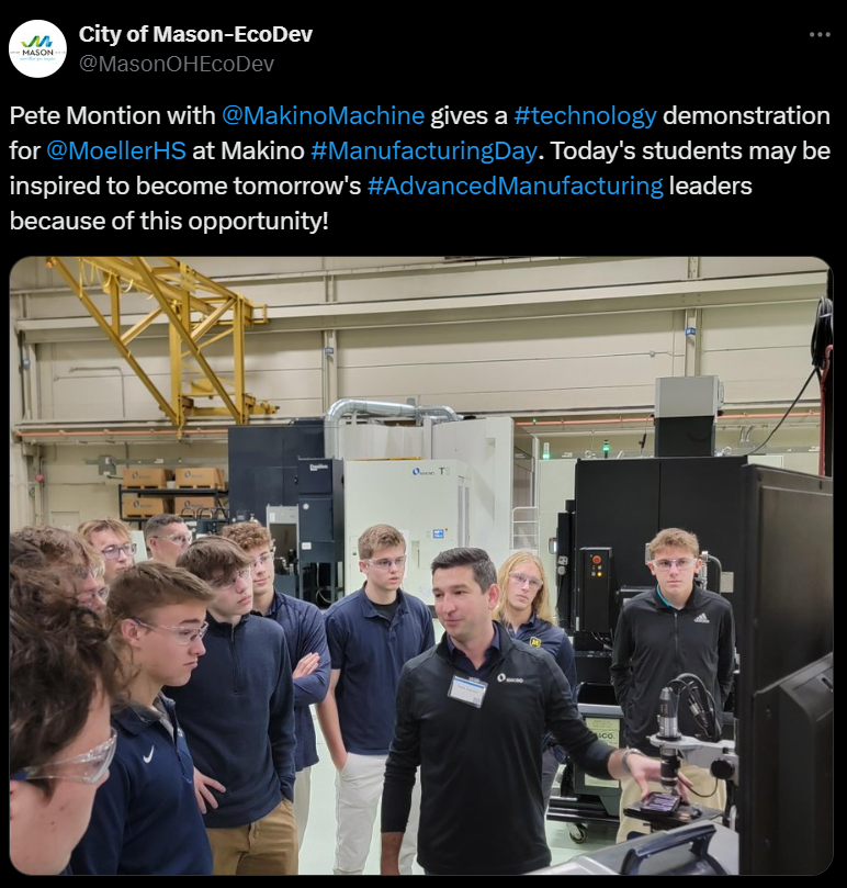 MakinoMachine's tweet image. During #ManufacturingDay, 400+ students toured Makino in #MasonOH, watched machine demos and engaged w/our experts. It was exciting to see the next gen of innovators and engineers so eager to learn about the manufacturing industry. 

#STEM @MasonOHEcoDev