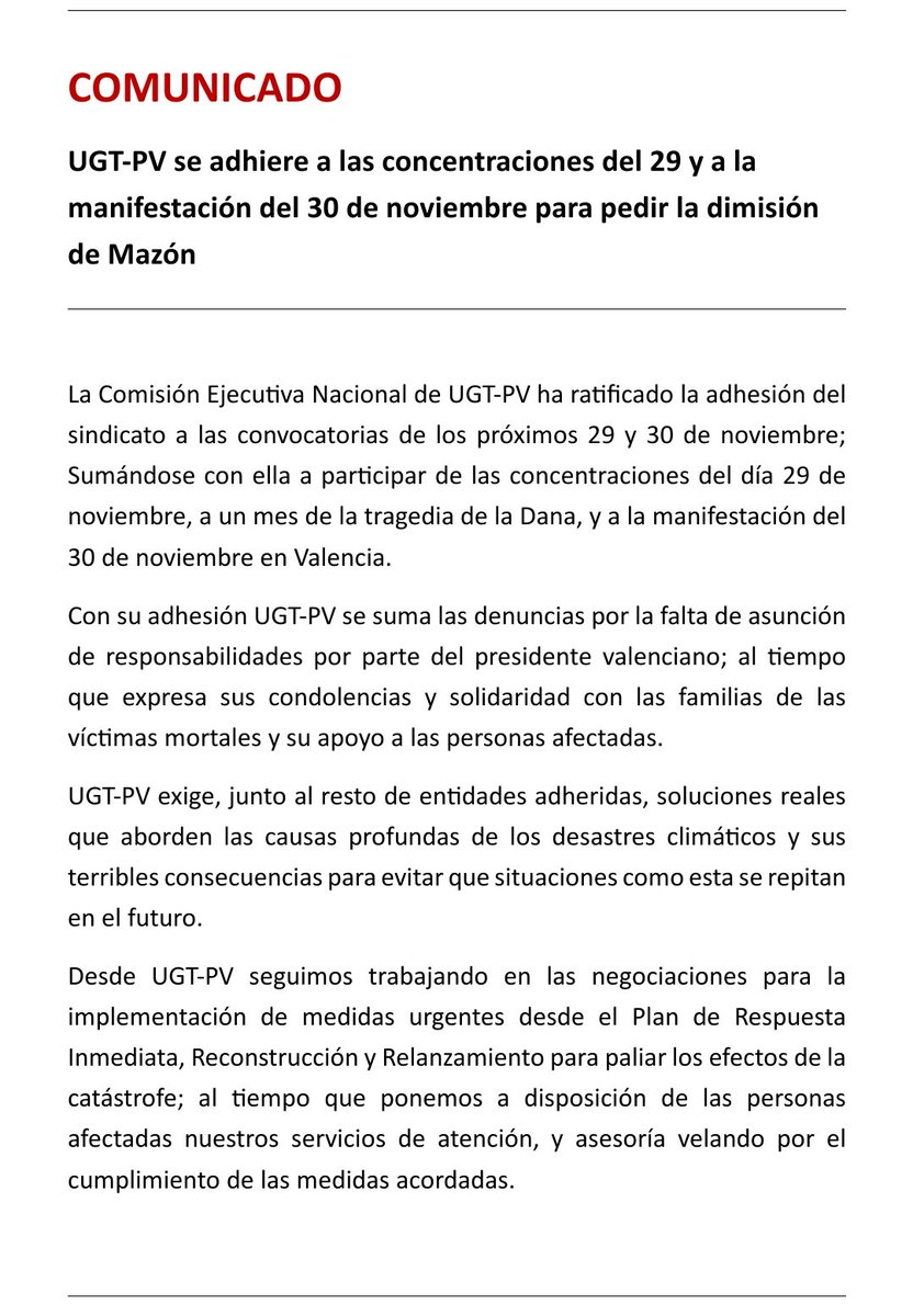 ugtficapv's tweet photo. 📢 @UGTPV se adhiere a las convocatorias de los próximos 29 y 30 de noviembre para exigir responsabilidades al President de la Generalitat Valenciana y solidarizarnos con las personas afectadas;

👥 CONCENTRACIONES, 29 de noviembre

🪧 MANIFESTACIÓN, 30 de noviembre en Valencia. https://t.co/Cnvqzdb5Uk