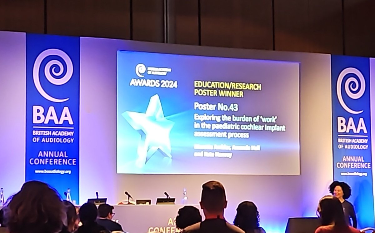 AstonAudiology (@astonaudiology) on Twitter photo Brilliant work by <a href="/HallAmandJ/">Amanda Hall</a> and NHS colleagues, winning the poster award at the <a href="/BAAudiology/">British Academy of Audiology</a> annual conference! This was for their work within paediatric cochlear implants! #BAAConf24 Brilliant work by <a href="/HallAmandJ/">Amanda Hall</a> and NHS colleagues, winning the poster award at the <a href="/BAAudiology/">British Academy of Audiology</a> annual conference! This was for their work within paediatric cochlear implants! #BAAConf24