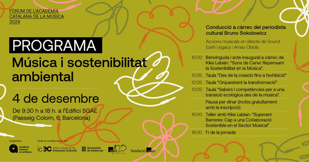El #Fòrum2024 de l'Acadèmia reflexionarà sobre l’impacte ambiental del sector musical.

El 4 de desembre, #MúsicaiSostenibilitat incorpora nous ponents a les taules rodones, i manté les accions musicals i el taller a càrrec de <a href="/KikeLabian/">Kike Labián</a>.

🔗Inscripcions: music.cat/ca/formacio/fo…
