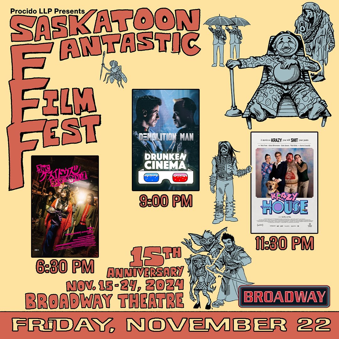 You made it through the work week. We congratulate you. Let’s get crazy:
6:30: The Gesuidouz
9: Demolition Man (Drunken Cinema)
11:30: Krazy House
More info at skfilmfest.com/festival/sched…
See you tonight at <a href="/bwaytheatre/">Broadway Theatre</a>!