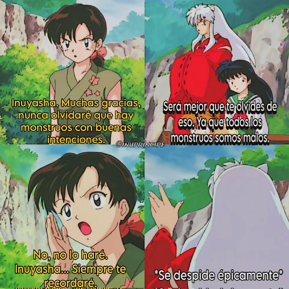 #InuyashaWeek Día 5: Heroísmo🦸
En el episodio 13, Inuyasha rescata a Nazuna, quien al principio le teme por verlo como un "monstruo". A pesar de las palabras hirientes, él la salva y se convierte en un héroe para ella. Nazuna,  promete no olvidarlo, dejando una huella en él. ♥️