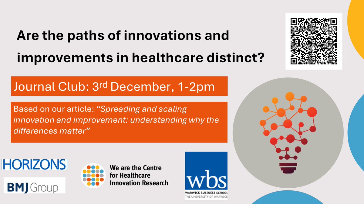 CHIR_City's tweet image. Interested in innovation spread and scale? 💡
Register for an interactive 'Journal Club' webinar where we will explore the factors influencing the successful spread & scaling of innovations and improvements in healthcare.
🗓️ 3 Dec, 12-1pm
Sign-up👉bit.ly/scalingsuccess