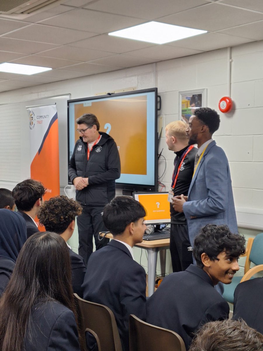 DenbighHigh's tweet photo. This week, we were delighted to host @LutonTown and @chumscharity, who joined forces for a special mental health awareness assembly. Luton Town FC stars @Mickharford, @EliSaint4, and @PellyRuddock  shared their personal experiences and answered questions from pupils. https://t.co/rMnz8s74Ir