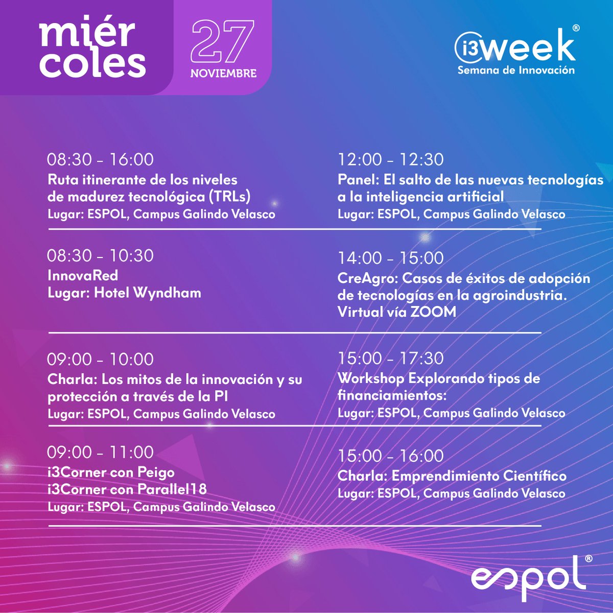 i3labespol's tweet image. ✨#i3week 2024✨ | Del 26 al 29 de noviembre, te invitamos a ser parte de la semana de la innovación de la @espol, organizada por el Vicerrectorado de I+D+i junto al @dec_inv_espol, @Vinculos_Espol , @i3labespol , @OtriESPOL , @espolfimcp  y @ESPOLsostenible.