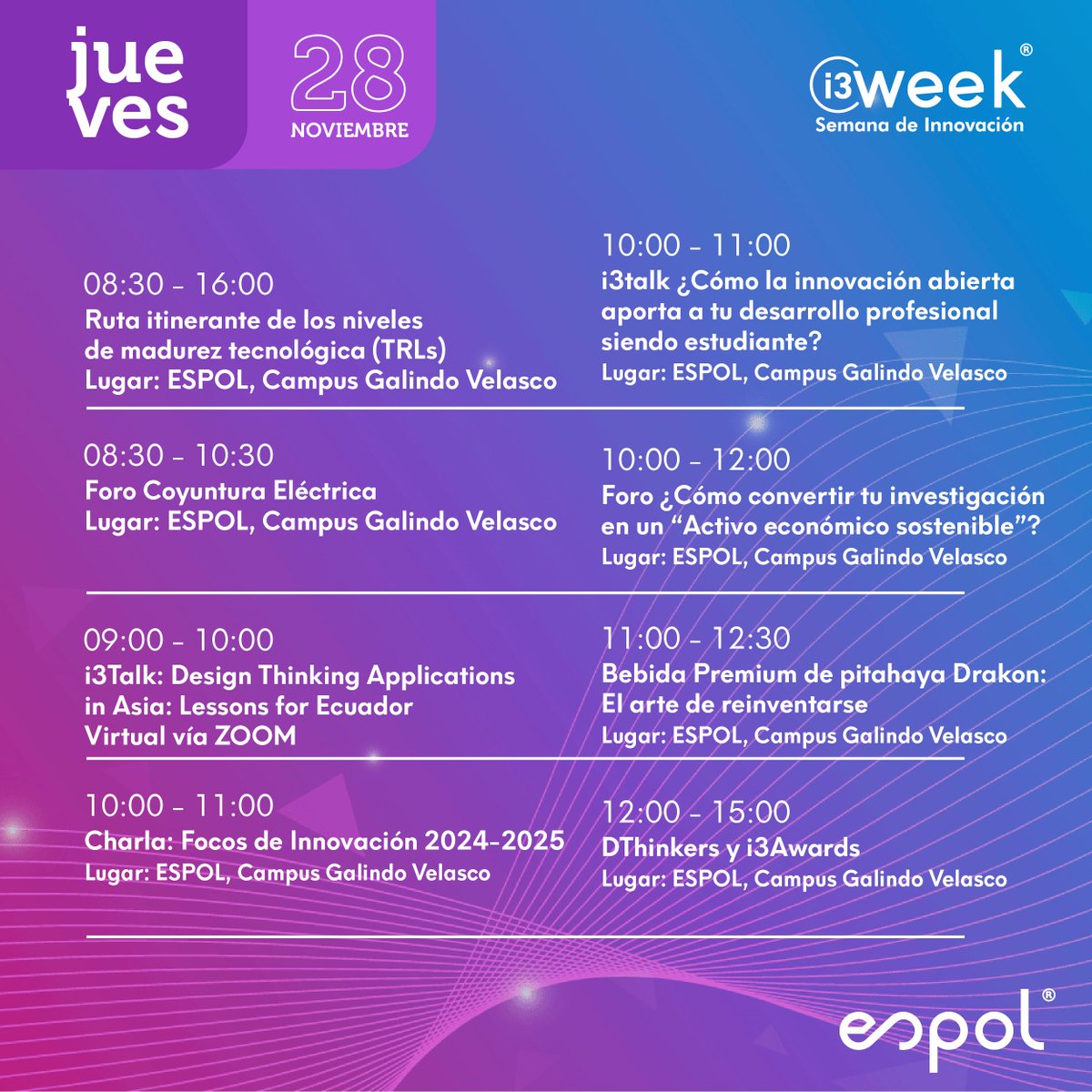 i3labespol's tweet image. ✨#i3week 2024✨ | Del 26 al 29 de noviembre, te invitamos a ser parte de la semana de la innovación de la @espol, organizada por el Vicerrectorado de I+D+i junto al @dec_inv_espol, @Vinculos_Espol , @i3labespol , @OtriESPOL , @espolfimcp  y @ESPOLsostenible.