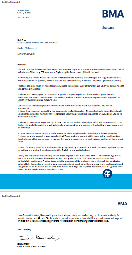 BMA Scotland (@bmascotland) on Twitter photo ❗ NEW: BMA Scotland chair <a href="/DrIainKennedy/">Dr Iain Kennedy</a> has written to Cab Sec <a href="/neilcgray/">Neil Gray MSP</a> seeking urgent clarification on the Scottish position after a review of AAs and PAs was announced in England
🧵1/2 ❗ NEW: BMA Scotland chair <a href="/DrIainKennedy/">Dr Iain Kennedy</a> has written to Cab Sec <a href="/neilcgray/">Neil Gray MSP</a> seeking urgent clarification on the Scottish position after a review of AAs and PAs was announced in England
🧵1/2